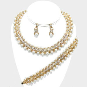 3Pcs 3-row Pearl Crystal Rhinestone Necklace Set
